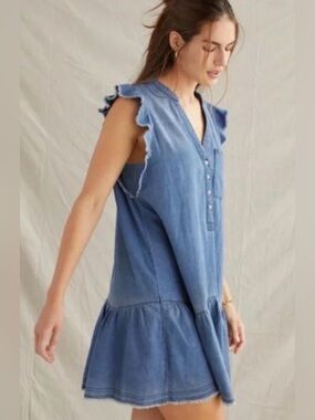 Pilcro Anthropologie Chambray Mini Shift Dress Sz M Flutter Sleeve Denim Coastal
